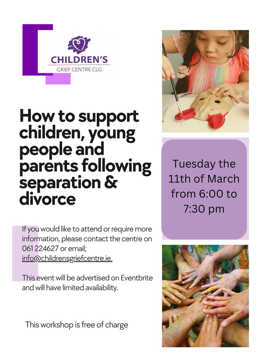 The Children's Grief Centre will hold an informative workshop for parents supporting children and young people following separation or divorce, Tuesday 11th March 6-7:30pm.
eventbrite.com/e/parent-works…

Alternatively, you can contact our office on 061 224627 to reserve your space.