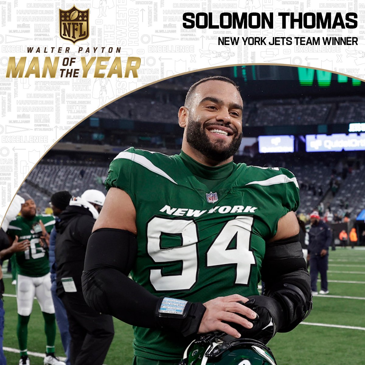 The <a href="/NFL/">NFL</a> #WPMOY team winner for the @NYJets is Solomon Thomas. 🏆👏🏿

Solomon embodies the spirit of giving back on and off the field. His dedication and commitment to his community can be seen through his philanthropic initiatives and mental health advocacy. Learn more: