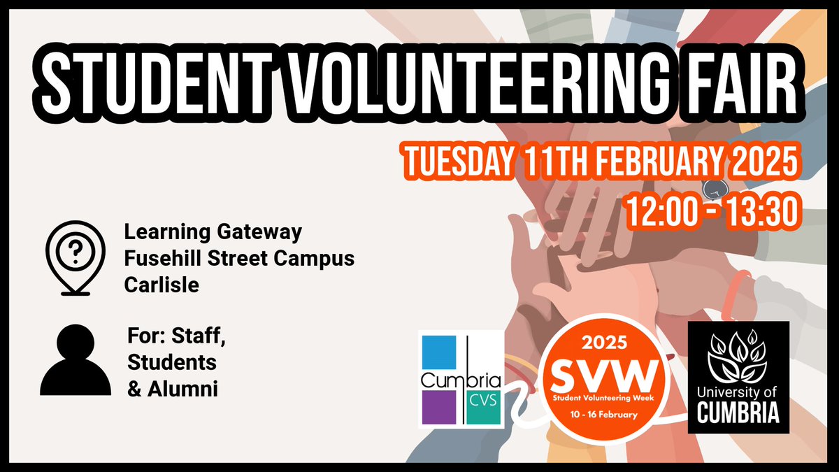 Did you know it's Student Volunteering week 10-15th February. Come along to our volunteering fair and meet a broad range of organisations attending to showcase their opportunities. Have a chat and find out how you can make a difference.