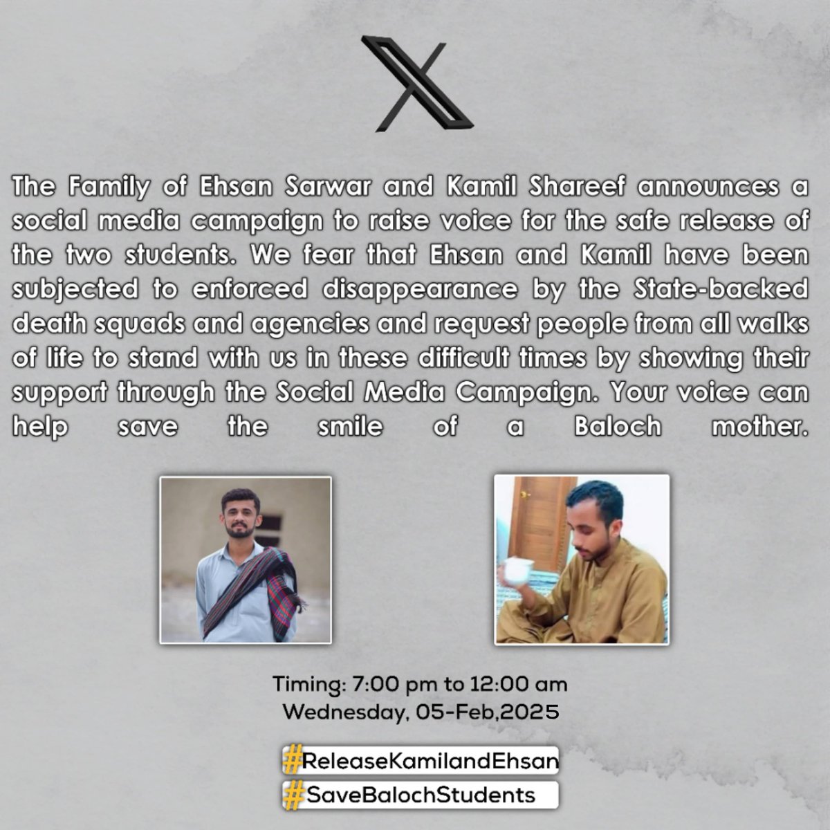 A single tweet of ours can help bring back a mother’s smile. 
#ReleaseKamilandEhsan
#SaveBalochStudents