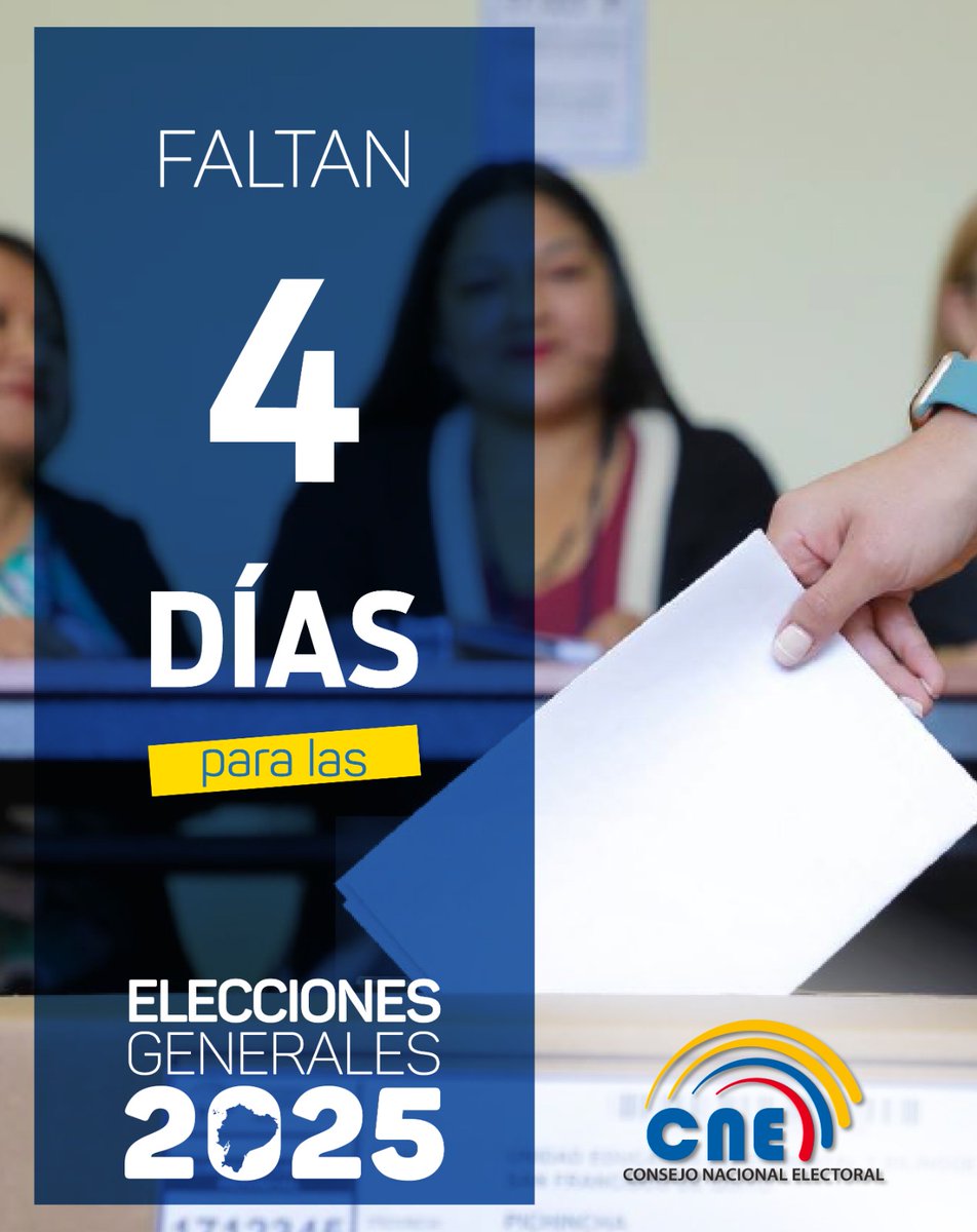 Faltan 4 días para las #Elecciones2025Ec.
 
Recuerda que este domingo 9 de febrero los ecuatorianos empadronados fuera del país deberán sufragar de manera presencial.
 
Consulta tu lugar de votación en nuestros canales oficiales:
 
➡️ cne.gob.ec
➡️ Aplicativo móvil