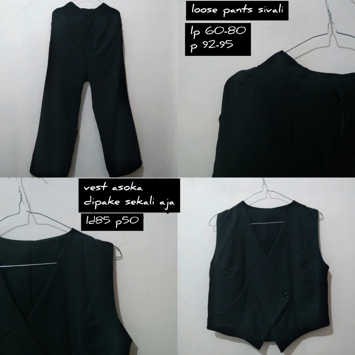 aku bawa yang hitam hitam nih, ada loose pants sivali (40k) sama vest asoka (35k) guyss. no minus ya, apalagi vestnya like new bgt. dom jember yaa, bisa oren. yukk take! 👀