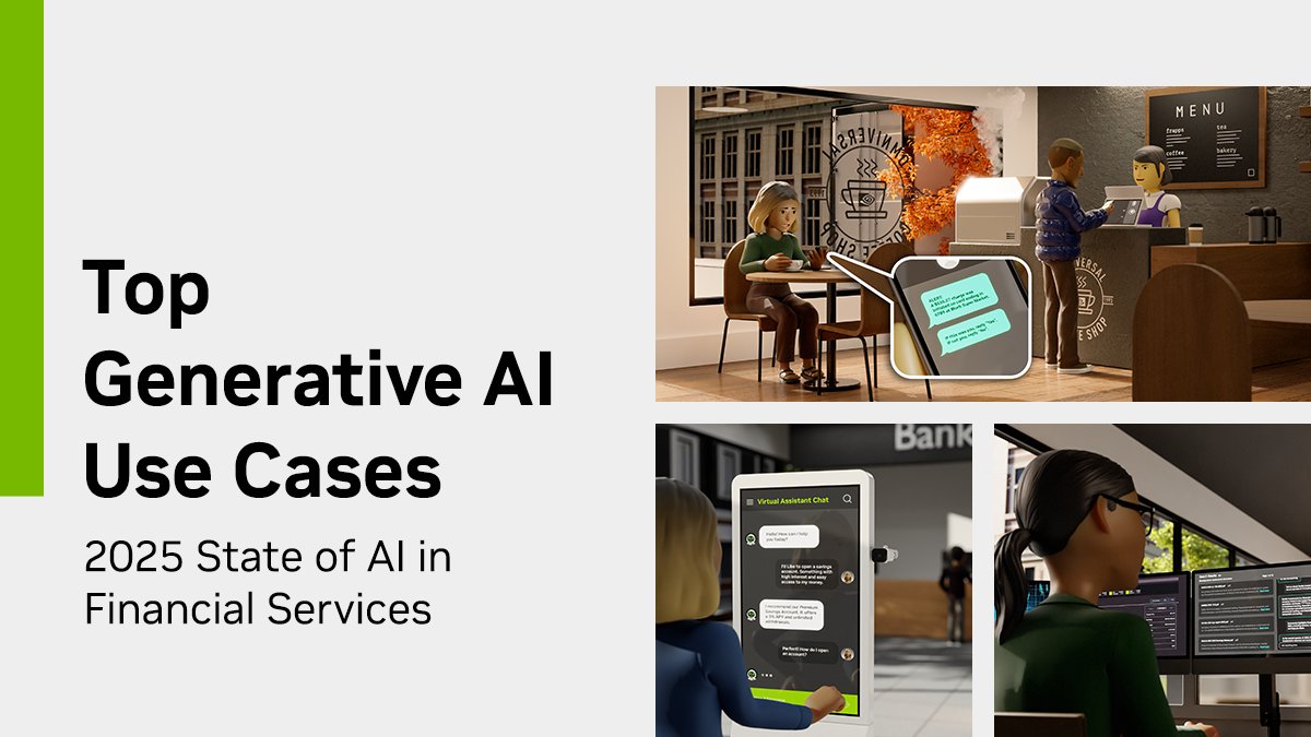 NVIDIAAI's tweet photo. We surveyed approximately 600 industry professionals to learn how financial institutions use AI to revolutionize their businesses, from improving customer experiences to building competitive advantages. Read the blog now. https://t.co/f1RTAKklBp

#financialservices #generativeAI https://t.co/UK9ZDKlTiv