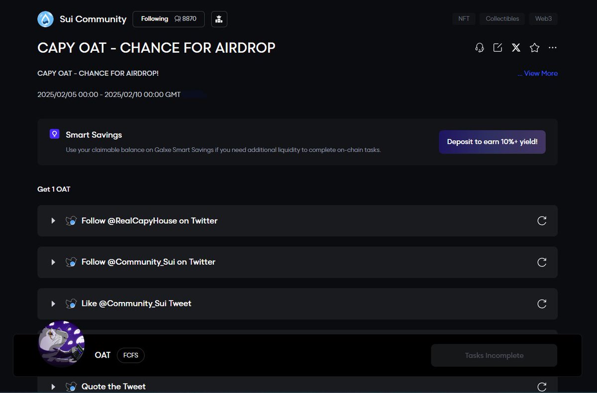 QUEST OAT GIVEAWAY 🪂

🎁Giveaway exclusive (2000 OAT - base FCFS) with 1 Billion $CAPY tokens <a href="/RealCapyHouse/">Capy Community 🐽</a> for the TGE is coming!

💧 1 OAT = $CAPY Airdrop

📍 Claim OAT: app.galxe.com/quest/suicommu…

Don't forget to comment #Sui wallet address below.

#Sui #SuiCommunity
