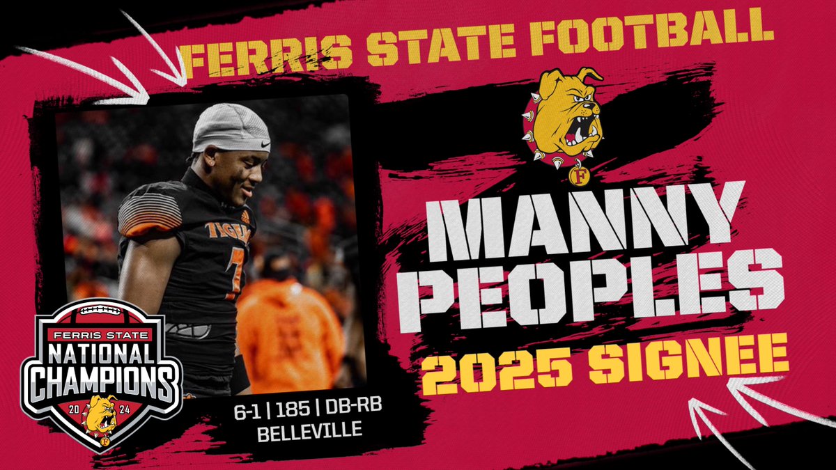 Ferris St. Football (@ferrisfootball) on Twitter photo SIGNED! Standout athlete & two-time state champ Manny Peoples from Belleville is now officially a DAWG! Talented defensive back & tailback is signed, sealed & delivered! Welcome #FSUNSD25 <a href="/MarquisPeoples/">Marquis”Manny” Peoples Jr.</a> SIGNED! Standout athlete & two-time state champ Manny Peoples from Belleville is now officially a DAWG! Talented defensive back & tailback is signed, sealed & delivered! Welcome #FSUNSD25 <a href="/MarquisPeoples/">Marquis”Manny” Peoples Jr.</a>