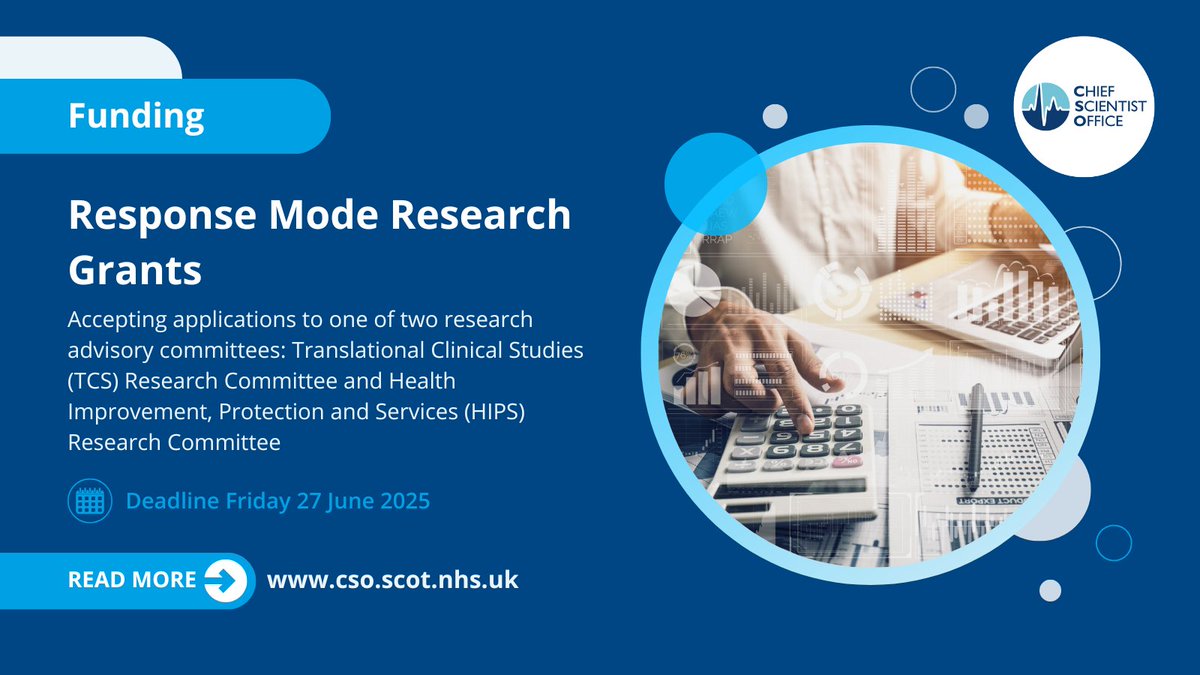 NHS Research Scotland (@nhsresearchscot) on Twitter photo .<a href="/CSO_Scotland/">CSO(Health)Scotland</a> are delighted that outline applications are now open for the next round of the Response Mode Research Grant schemes.
Read the full story, and apply by Friday 27 June 🔗 cso.scot.nhs.uk/response-mode-… .<a href="/CSO_Scotland/">CSO(Health)Scotland</a> are delighted that outline applications are now open for the next round of the Response Mode Research Grant schemes.
Read the full story, and apply by Friday 27 June 🔗 cso.scot.nhs.uk/response-mode-…