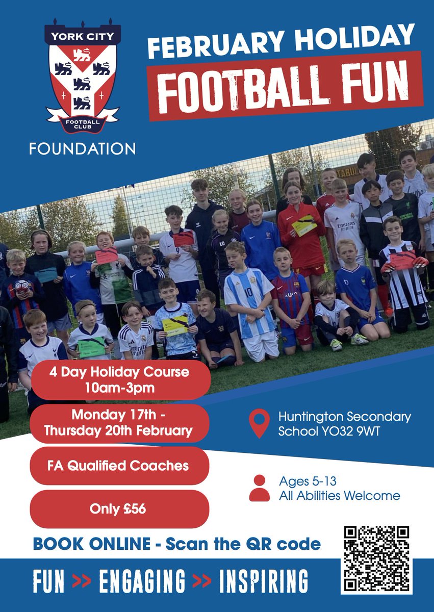 Just 1️⃣2️⃣ days to go!

Bookings for our February Holiday Football Fun Courses are still open! To book your space, click on the link below and join in the February fun!

🔗officialsoccerschools.co.uk/yorkcity/york-…

#TeamYork #Community
