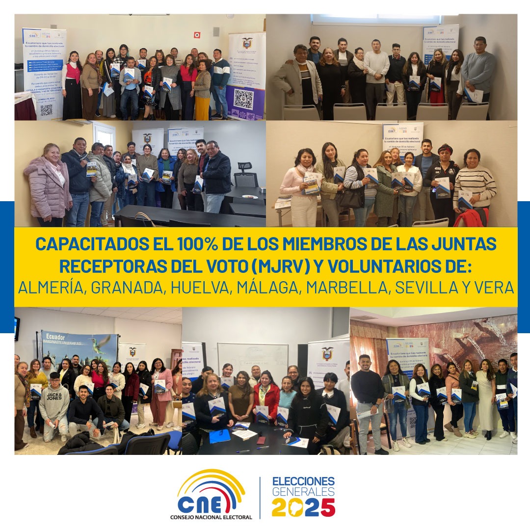 Hemos capacitado al 100% a los Miembros de las Juntas Receptoras del Voto (MJRV) y voluntarios de Almería, Granada, Huelva, Málaga, Marbella, Sevilla y Vera. ✅

#EleccionesGeneralesEc #MJRV