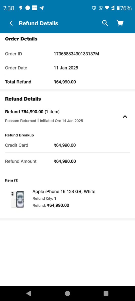 RohitSoni557's tweet photo. I ordered a product from JioMart on 11th January. On 14th January they automatically cancelled the order and it shows in app as Returned and send me a message that they  initiated a refund of 64990.But it was not credited till now. @JioMart @ICICIBank @ICICIBank_Care https://t.co/ALDy1sSVIX