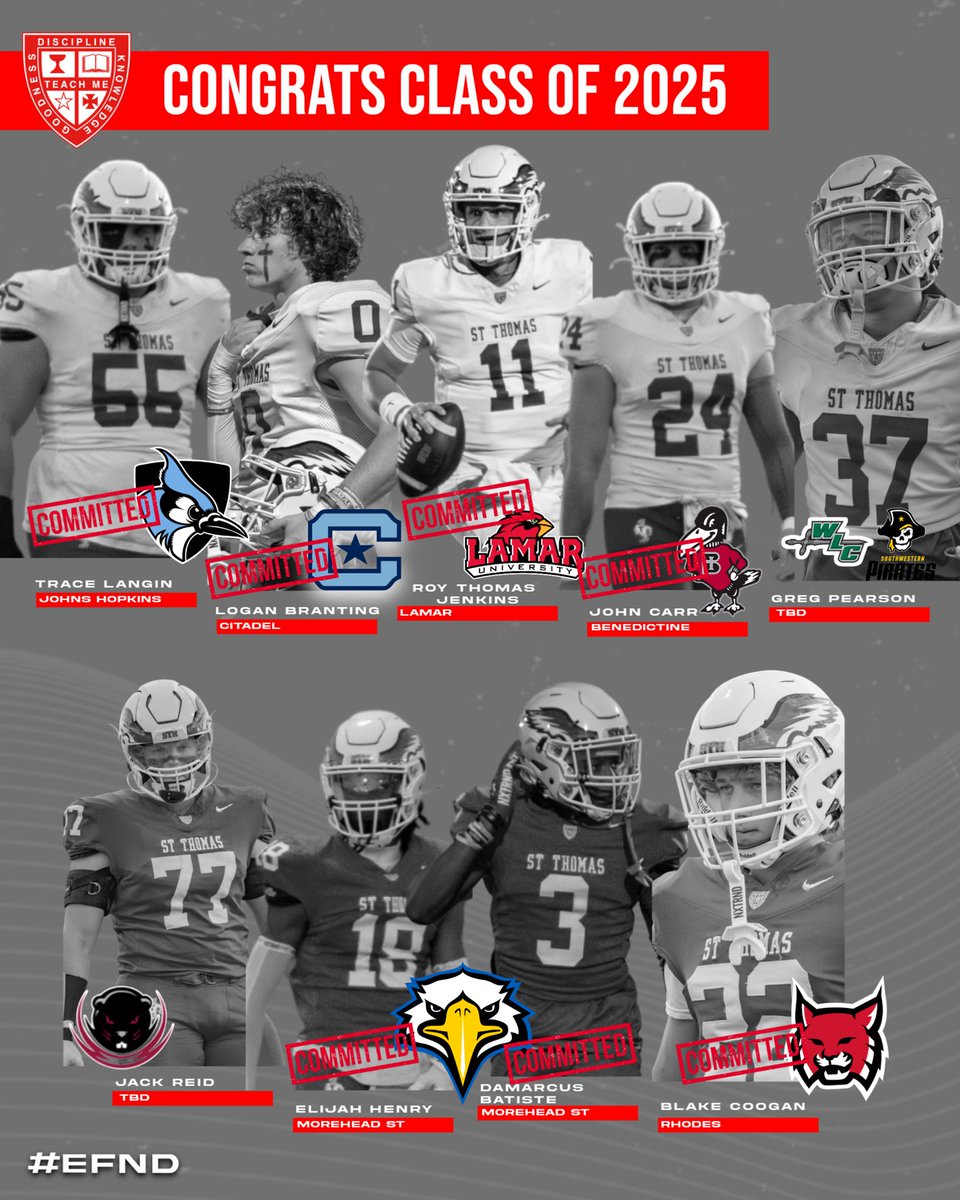 Signing Day 2025 - we have 7 of 9 locked in and a few more who are ready to make a decision in the upcoming weeks. Excited for these young men to continue their careers at the next level. #EFND 

<a href="/TraceLangin/">Trace Langin</a> - <a href="/JHU_Football/">Johns Hopkins Football</a> 
<a href="/_loganbranting_/">Logan Branting</a> - <a href="/CitadelFootball/">The Citadel Football</a> 
<a href="/roythomas_/">Roy Thomas Jenkins</a> -