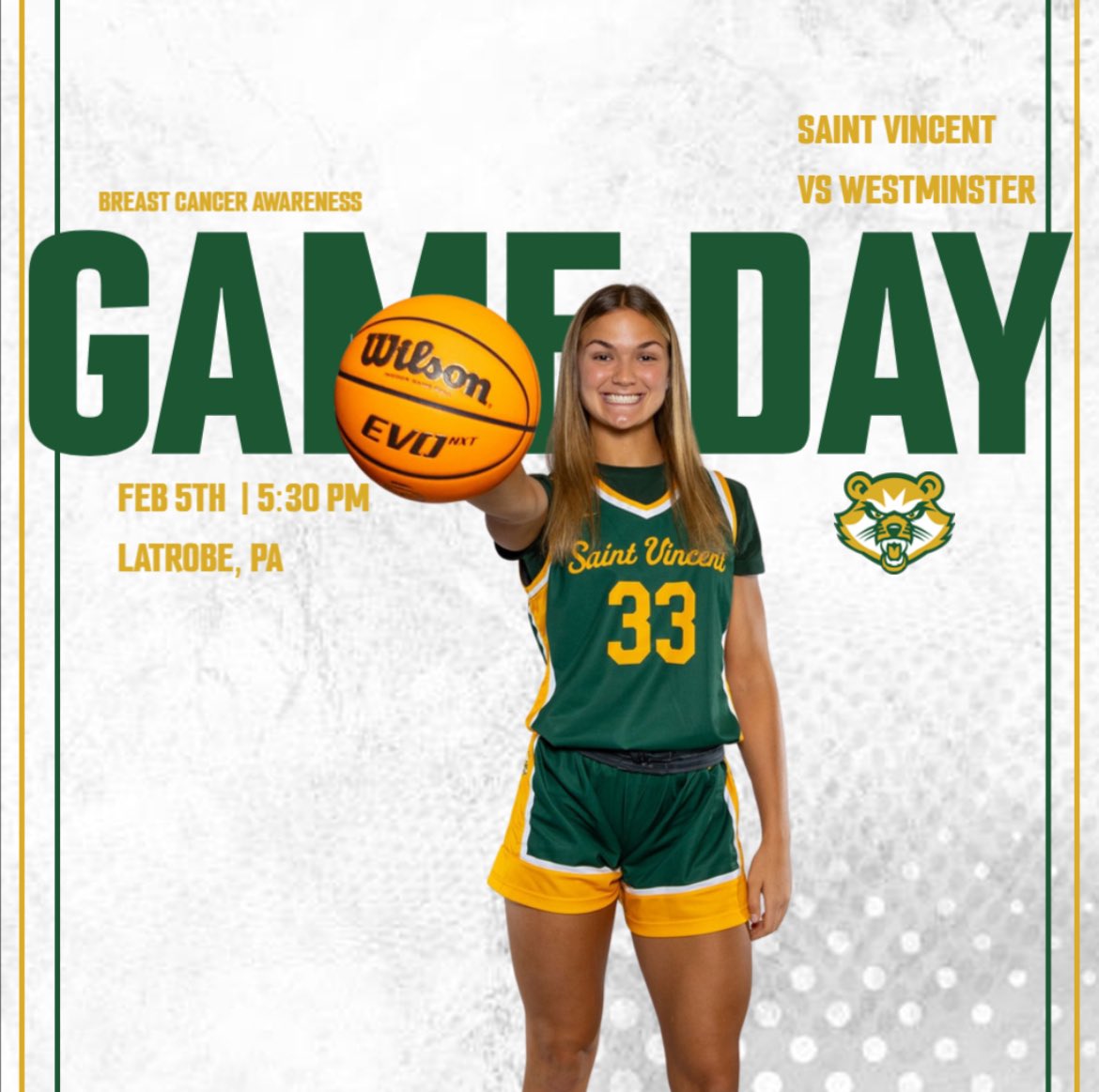 🟡 GAME DAY 🟡

We play host to the Westminster Titans for a double header in the Carey Center! 

You’ll see glimpses of pink in honor of Breast Cancer awareness this week and National Girls and Women in sports day! 🩷💪🏼

⌚️ 5:30pm
📍 Latrobe, PA
📺 pacdigitalnetwork.com/stvincent/