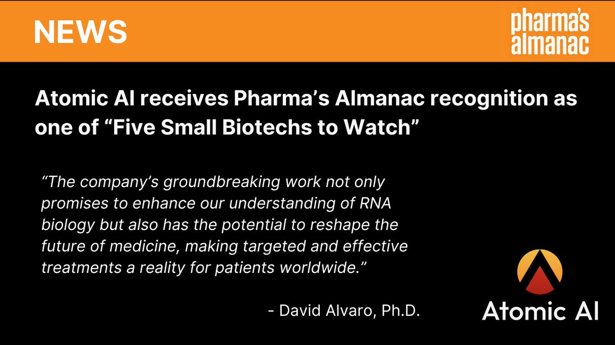 AtomicAICo's tweet image. GREAT NEWS: Atomic AI has been named one of "𝗙𝗶𝘃𝗲 𝗦𝗺𝗮𝗹𝗹 𝗕𝗶𝗼𝘁𝗲𝗰𝗵𝘀 𝘁𝗼 𝗪𝗮𝘁𝗰𝗵."
A huge thank you to @pharmasalmanac, as well as our team, partners & supporters. 2025 is going to be a great year!
📰 Check out the full list: pharmasalmanac.com/articles/five-…