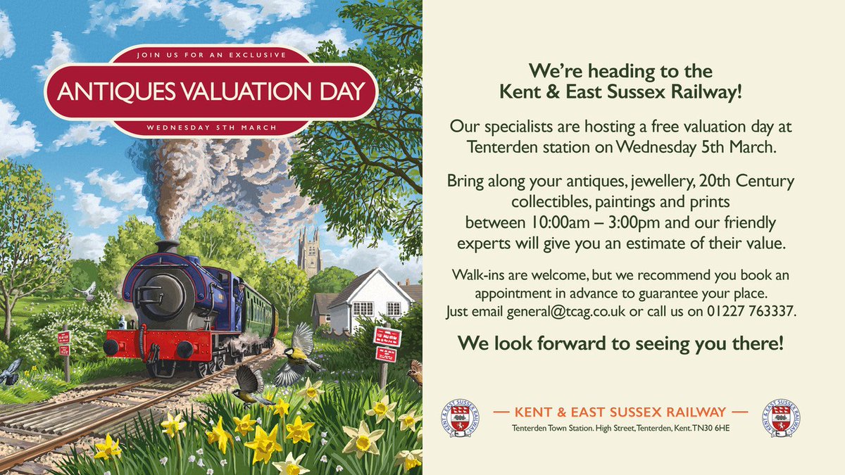 Antiques Valuation Day
We are pleased to welcome Canterbury Auction Galleries to the Railway Tea Room on 5th March. Just enough time to search out that thingamabob. 
 kesr.org.uk/antiques-valua…