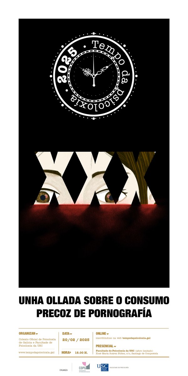 tempodapsi's tweet image. Volve #TempoDaPsicoloxía ⏳
Nesta edición imos botar unha ollada sobre o consumo precoz de #pornografía 
Asistencia libre e gratuíta:  
▪️De xeito presencial, na Facultade de #Psicoloxía da USC
▪️Por streaming en tempodapsicoloxia.gal   Febreiro é #TempoDaPsicoloxía