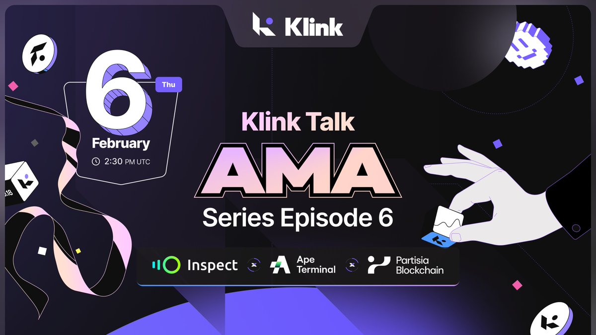 Klink Finance (@klinkfinance) on Twitter photo Klink AMA Series: Episode 06!
We’re thrilled to announce the return of our exciting series, and this time we have an incredible lineup featuring <a href="/partisiampc/">Partisia Blockchain</a>, <a href="/inspectxyz/">Inspect</a>, and @apeterminal!
🎙️Guest speakers: <a href="/alex_pomboball/">Alex Pombo</a> and <a href="/nishoutofwater/">Nisheta Sachdev</a>.
📅When? Thursday, February 6th Klink AMA Series: Episode 06!
We’re thrilled to announce the return of our exciting series, and this time we have an incredible lineup featuring <a href="/partisiampc/">Partisia Blockchain</a>, <a href="/inspectxyz/">Inspect</a>, and @apeterminal!
🎙️Guest speakers: <a href="/alex_pomboball/">Alex Pombo</a> and <a href="/nishoutofwater/">Nisheta Sachdev</a>.
📅When? Thursday, February 6th