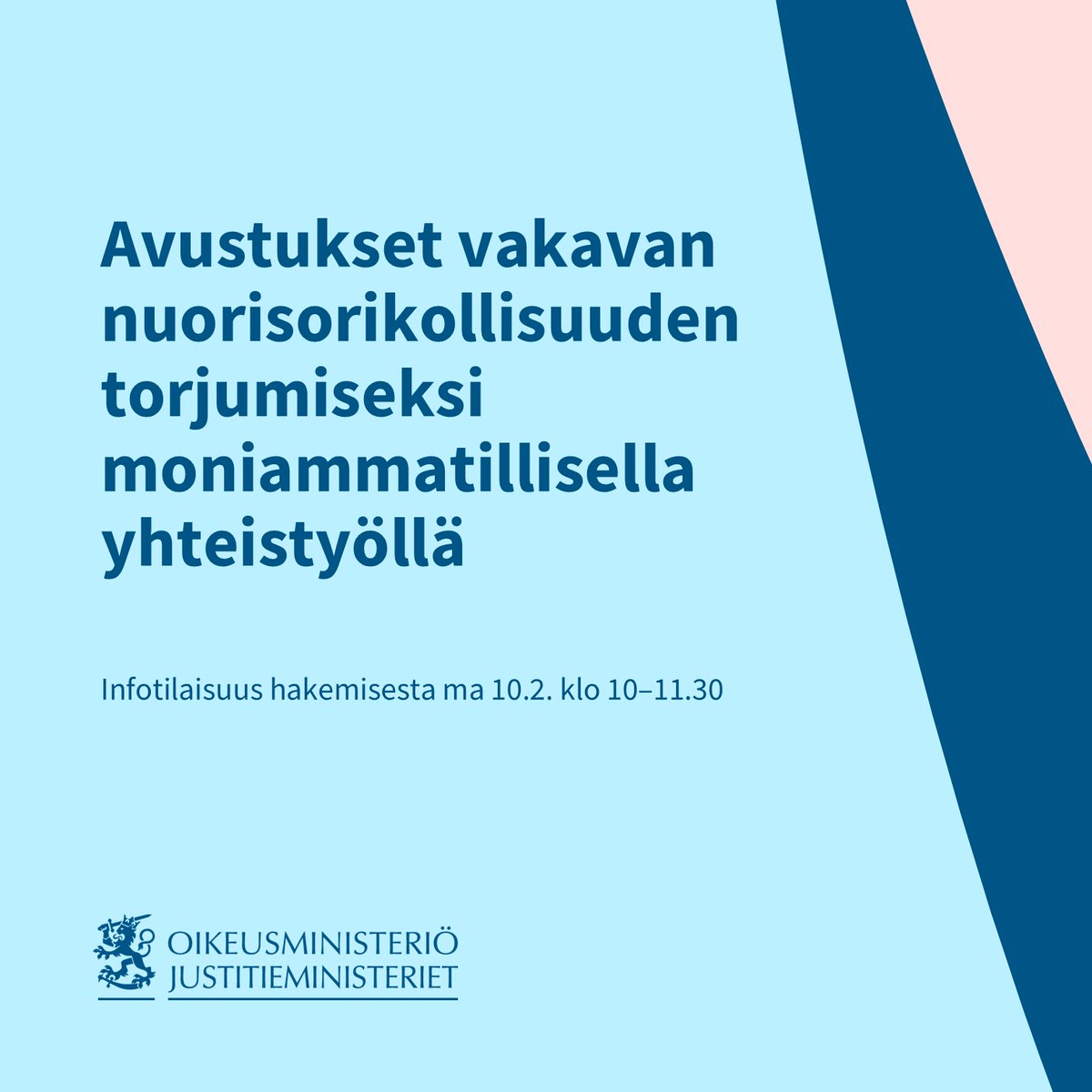 Myönnämme vakavan ja toistuvan nuorisorikollisuuden torjuntaan avustuksia noin 1,6 miljoonaa euroa. Rahoitus on suunnattu hyvinvointialueille.

🗓️ Infotilaisuus hausta ma 10.2. klo 10 Teamsissa.

🗓️ Hakuaika päättyy 31.3.

🔗 oikeusministerio.fi/-/avustukset-n…