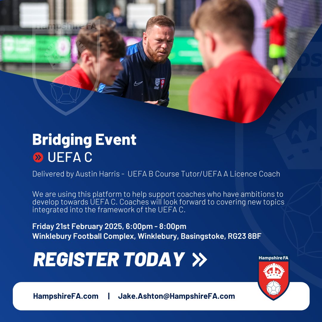 🚀 Progress your coaching career! 

Join our UEFA C Bridging Event for expert guidance from UEFA A Licence Coach, Austin Harris. ⚽

📅 21st February 2025
⏰ 6:00 - 8:00 PM
📍 Winklebury Football Complex, Basingstoke

✅ Don’t wait—register today!

bit.ly/40AI9E4