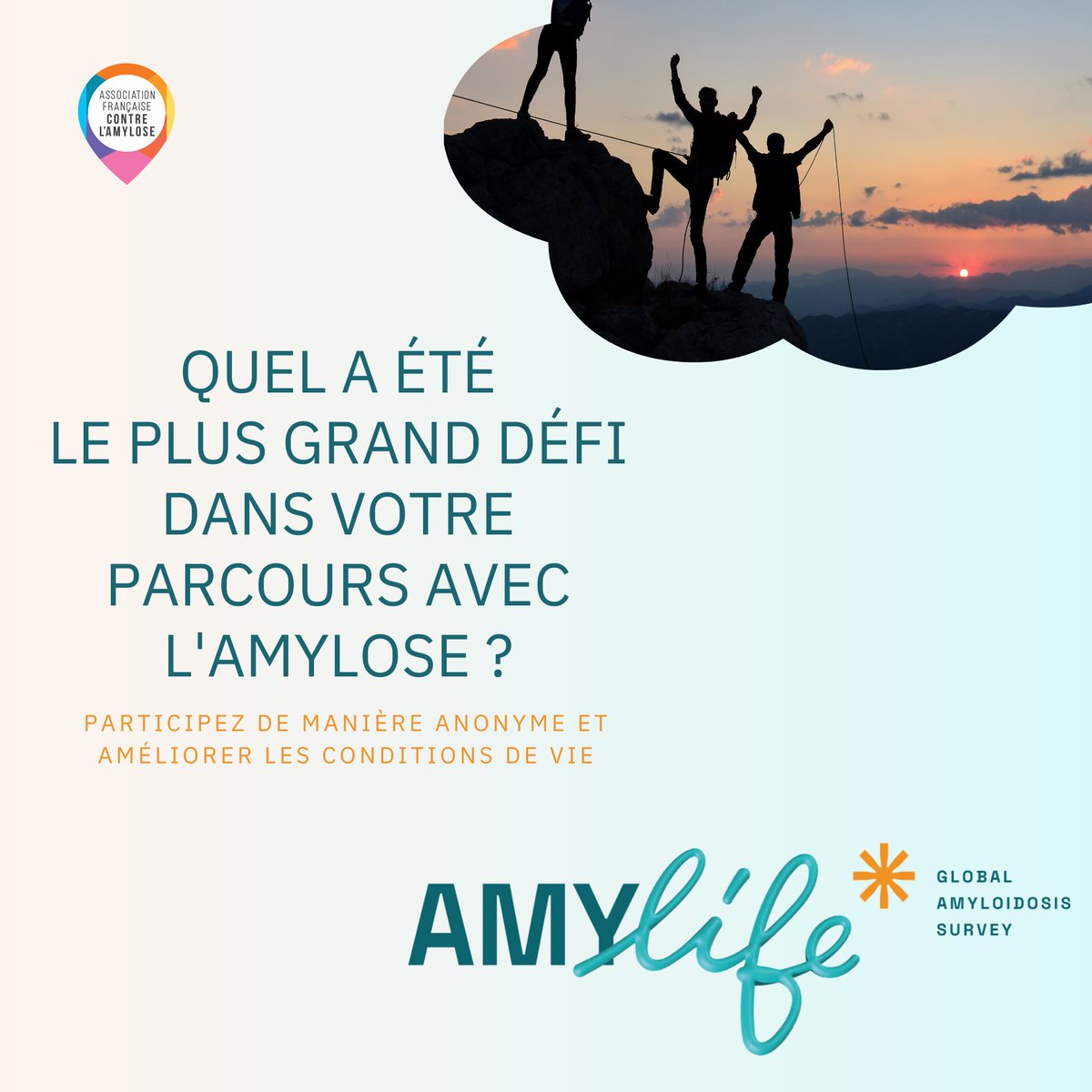 Vos défis sont importants 💪🏻📣

💡 Répondez aux questions de manière anonyme dans le cadre de l'enquête AMYlife et aidez-nous à améliorer les conditions de vie dans le monde entier.

🔗 Participez à l'enquête dès aujourd'hui : amyloidosisalliance.org/amylife/

#maladies #Amylose #AMYlife