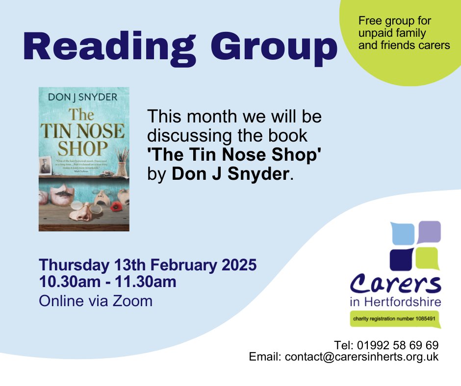 Carers in Herts (@carersinherts) on Twitter photo 📚 Join our next <a href="/CarersinHerts/">Carers in Herts</a> online Carers’ Reading Group next Thursday 13th February, 10:30-11:30am to discuss Don J Snyder’s The Tin Nose Shop. Newcomers welcome! Book your place at ow.ly/62fA50USEEb or contact us. 📚 Join our next <a href="/CarersinHerts/">Carers in Herts</a> online Carers’ Reading Group next Thursday 13th February, 10:30-11:30am to discuss Don J Snyder’s The Tin Nose Shop. Newcomers welcome! Book your place at ow.ly/62fA50USEEb or contact us.