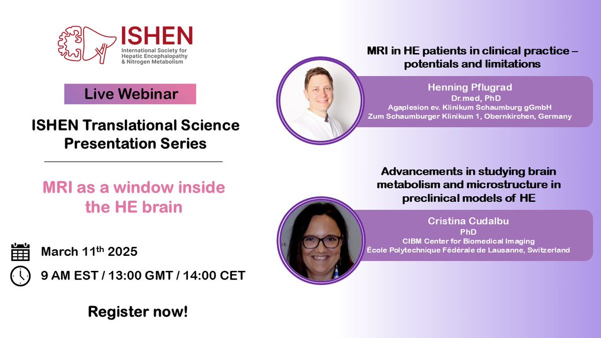 ISHEN translational (@ishentranslatio) on Twitter photo 📢 Join us for the ninth ISHEN translational presentation series:
🗓️ When: March 11th 2025
✅ Invited speakers:
- Henning Pflugrad
- Cristina Cudalbu <a href="/CristinaCudalbu/">Cristina Cudalbu</a>
⬇️ Registration ⬇️
umontreal.zoom.us/meeting/regist… 📢 Join us for the ninth ISHEN translational presentation series:
🗓️ When: March 11th 2025
✅ Invited speakers:
- Henning Pflugrad
- Cristina Cudalbu <a href="/CristinaCudalbu/">Cristina Cudalbu</a>
⬇️ Registration ⬇️
umontreal.zoom.us/meeting/regist…