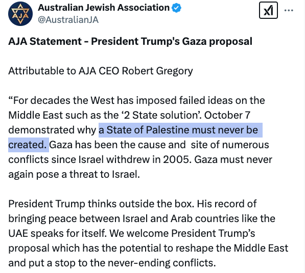 iamthenas's tweet photo. Trump is ready to ethnically cleanse Pals, cheered on by the extremely far right @AustralianJA and it seems Australia's leading “Israel firster” has joined the AJA team, sharing a sickening post - but Trump was too much for the right wing @ECAJewry. A wobble in the lobby? hmmm https://t.co/3kcRnTMVBe