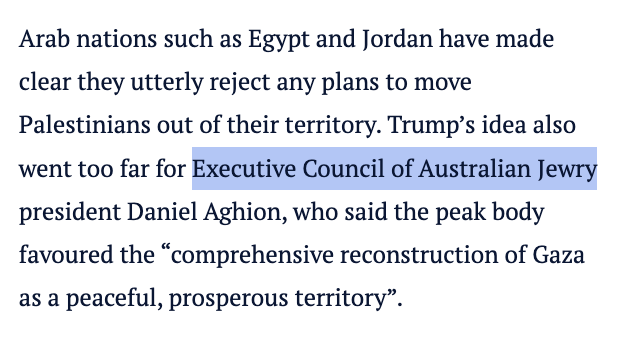 iamthenas's tweet photo. Trump is ready to ethnically cleanse Pals, cheered on by the extremely far right @AustralianJA and it seems Australia's leading “Israel firster” has joined the AJA team, sharing a sickening post - but Trump was too much for the right wing @ECAJewry. A wobble in the lobby? hmmm https://t.co/3kcRnTMVBe
