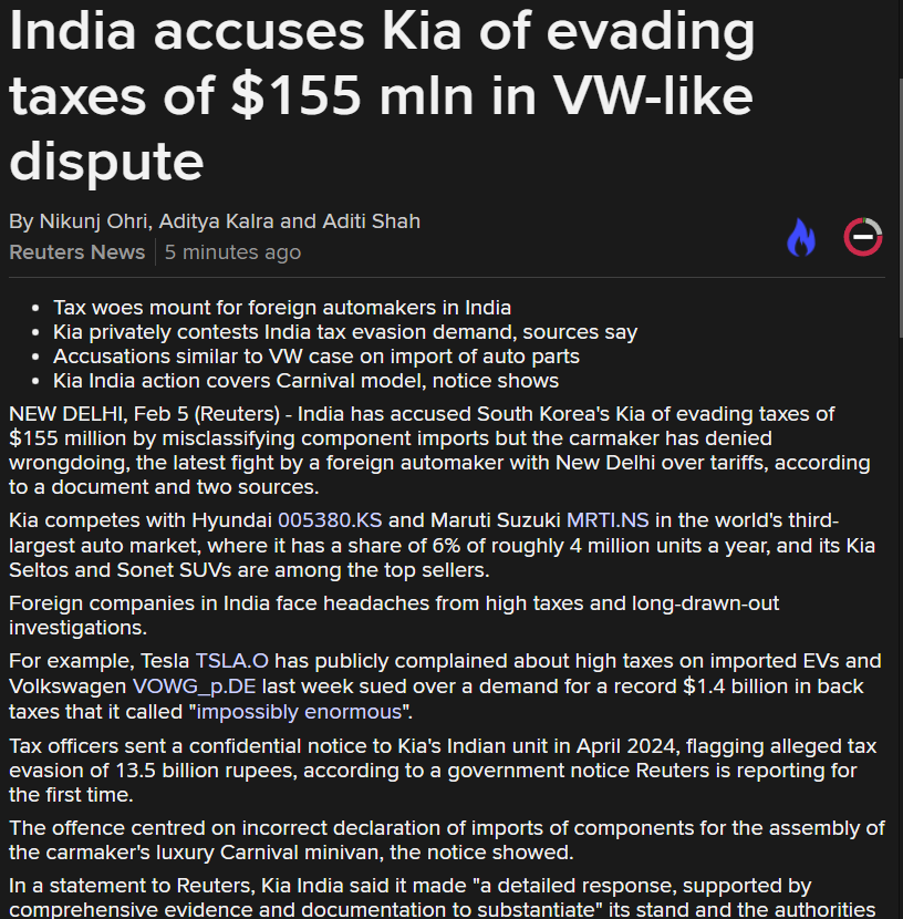 Aditya Kalra (@adityakalra) on Twitter photo 🚨 Breaking on <a href="/Reuters/">Reuters</a> - Kia facing a $155M Indian tax evasion probe for importing parts for Carnival minivan in separate shipments to pay lower duties, instead of so-called CKD unit which attracts more tax; Case similar to VW's $1.4 bln case. <a href="/Nikunj_Ohri/">Nikunj Ohri</a> <a href="/aditishahsays/">Aditi Shah</a> 🚨 Breaking on <a href="/Reuters/">Reuters</a> - Kia facing a $155M Indian tax evasion probe for importing parts for Carnival minivan in separate shipments to pay lower duties, instead of so-called CKD unit which attracts more tax; Case similar to VW's $1.4 bln case. <a href="/Nikunj_Ohri/">Nikunj Ohri</a> <a href="/aditishahsays/">Aditi Shah</a>