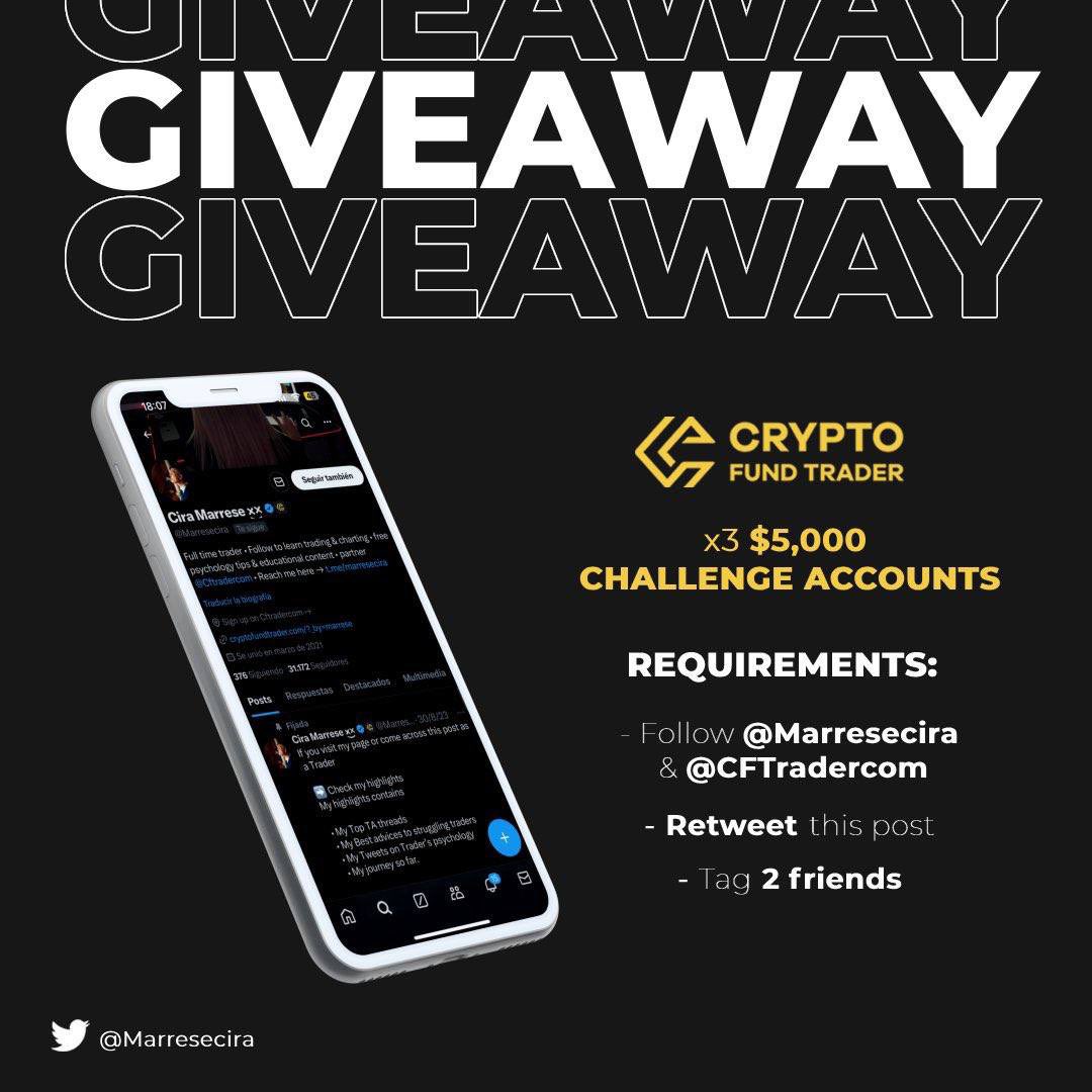 ‼️ GIVEAWAY ALERT ‼️ 

🎁 15k$ prop firm Giveaway

REQUIREMENTS 

1). Follow <a href="/Marresecira/">Cira Marrese ×͜×</a> , <a href="/CFTradercom/">Crypto Fund Trader</a> &amp; <a href="/Techriztm/">Techriz💯📈</a> 
2). Like &amp; retweet this post.
3). Tag 3 friends 

Winners in 48hrs