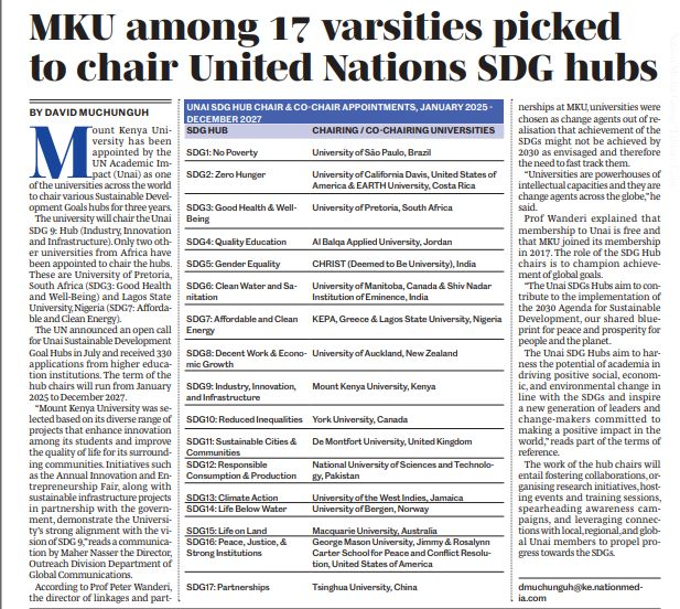MountKenyaUni's tweet photo. Mount Kenya University has been appointed by the UN Academic Impact (Unai) as one of the universities across the world to chair various Sustainable Development Goals hubs for three years.

The university will chair the Unai SDG 9: Hub (Industry, Innovation and Infrastructure). Only two other universities from Africa have been appointed to chair the hubs.

These are University of Pretoria, South Africa (SDG3: Good Health and Well-Being) and Lagos State University, Nigeria (SDG7: Affordable and Clean Energy).
#UnlockwithMKU