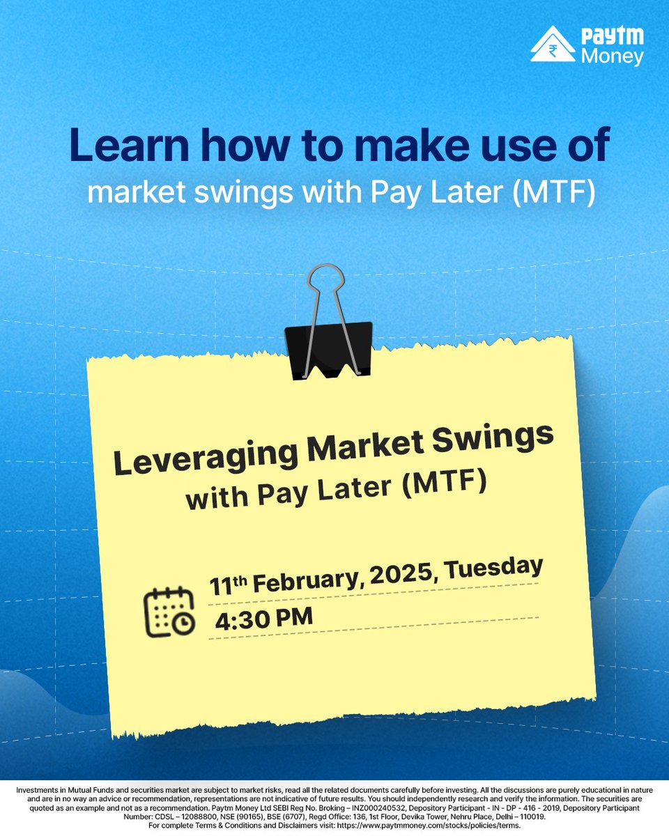 PaytmMoney's tweet photo. Join our exclusive live session with Harsh Pratim Dey, Product Manager at Paytm Money, to understand how to make the most of market swings using Pay Later (MTF).

Don’t miss it!

Register now: https://t.co/OZ3HgbCVxQ

#LearnWithPaytmMoney #PayLaterMTF #MarginTradingFacility #MarketSwings