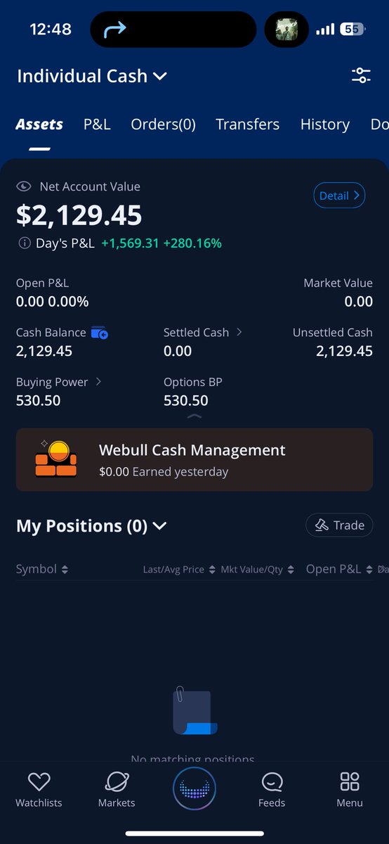 Fill_That_Gap's tweet photo. Day 2 of poor man challenge. 
Deposit: $260

Profit: +$1610 (309%)
Trade: Long $PLTR over night then sell at the open. Then slam $KD long.

Account balance: $2,129.45 https://t.co/SAQ7sXGWDu