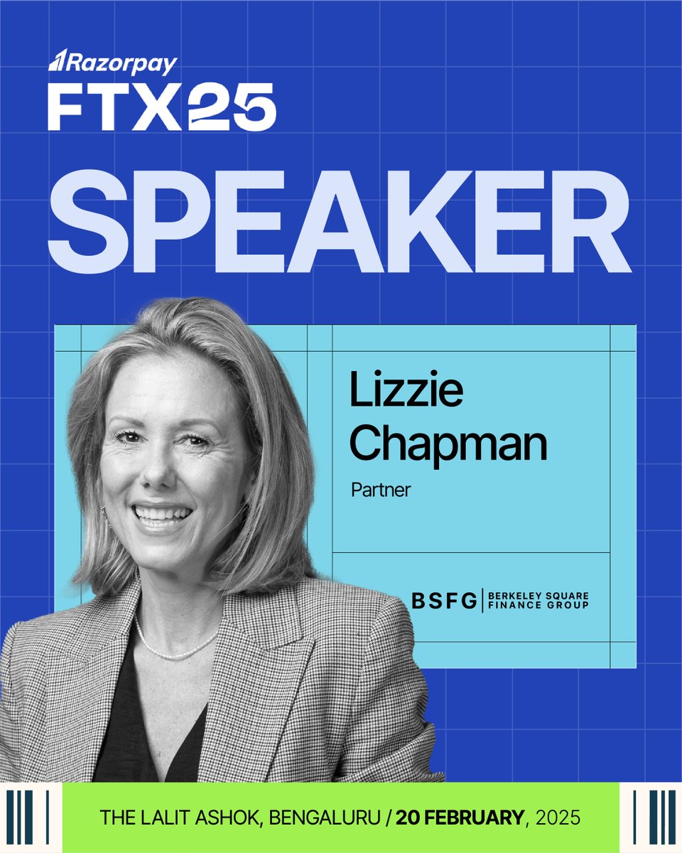 Learn how payments are shaping the future 💳

Excited to welcome Lizzie Chapman (<a href="/ChapmanLizzie/">Lizzie Chapman</a>), Partner at Berkeley Square Finance Group, to our premier FinTech event 🙌

Join us at FTX25: bit.ly/RazorpayFTX25_…

#Razorpay #FTX25 #Speaker