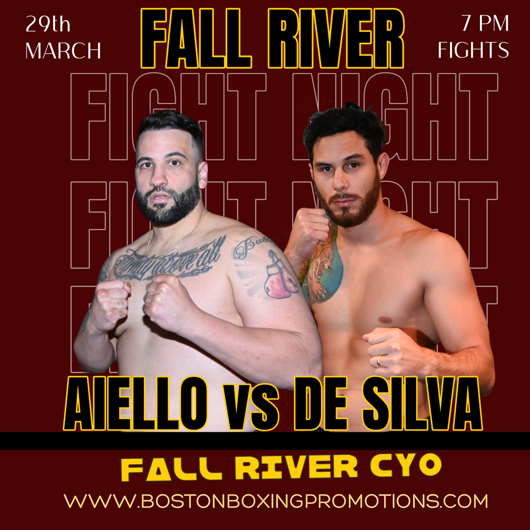 BostonProBoxing's tweet image. Fall River Heavyweight Chriss Aiello (2-0, 2 KO's) is BACK in his hometown Sat March 29th at CYO Building taking on Boston's Felipe Soares De Silva as part of "Fall River Fight Night". Ticket at BostonBoxingPromotions.com @FallRiverReport
@Cusick10 @BoxrecGrey @FallRiverRising