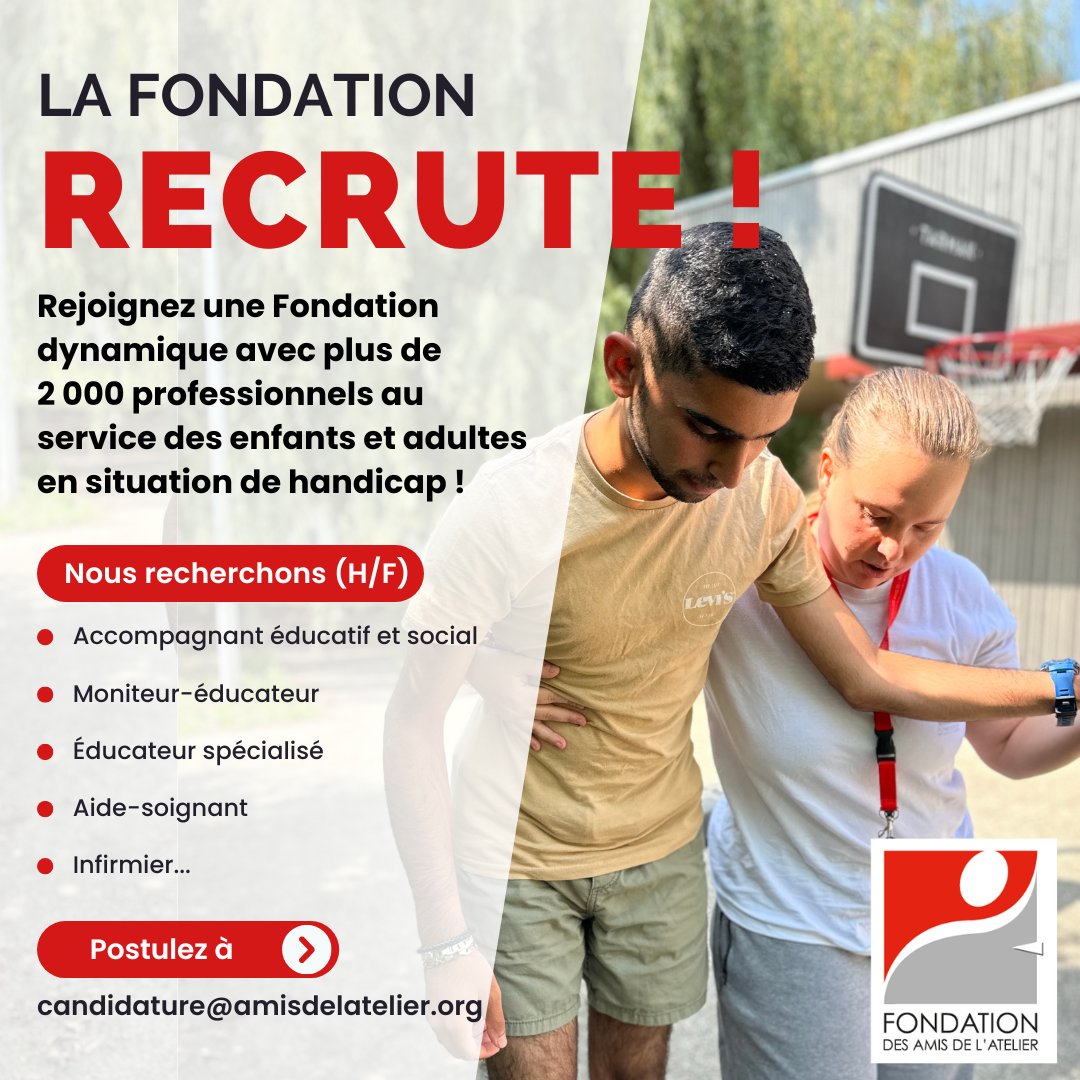 [LES #MÉTIERS À LA FONDATION] En 2025 rejoignez une <a href="/fondation_amis/">Fondation des Amis de l'Atelier</a> dynamique avec plus de 2 000 #professionnels au service des enfants et adultes en situation de #handicap ! 
Pour postuler : candidature@amisdelatelier.org
Retrouvez toutes nos #offres : bit.ly/FAA_emplois