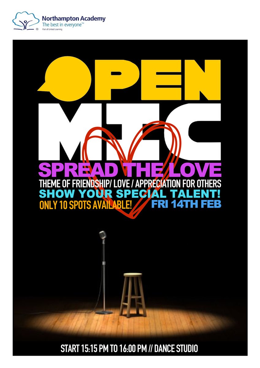 🌟🎤 Exciting news, everyone! Join us for our Open Mic on February 14! ❤️ This Open Mic's theme is "Spread the Love"! Whether it’s poetry, music, or storytelling, let’s celebrate creativity and connection together. Don’t miss out on this chance to shine and support!🎉<a href="/northacad/">Northampton Academy</a>