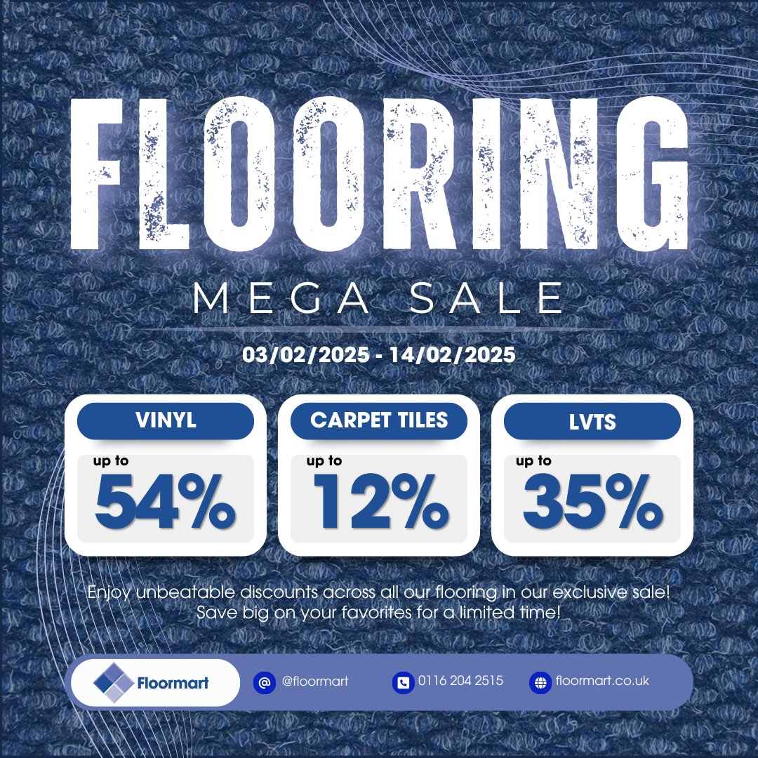 Renovate your space and save up to 54% off across our entire flooring range! 🎉 Plus, enjoy amazing deals across our stylish luxury vinyl tiles and carpet tiles!

Don’t miss out – get your new floor today!🏠✨

🛒 Shop now: floormart.co.uk
📅 Hurry, offer ends 14/02!