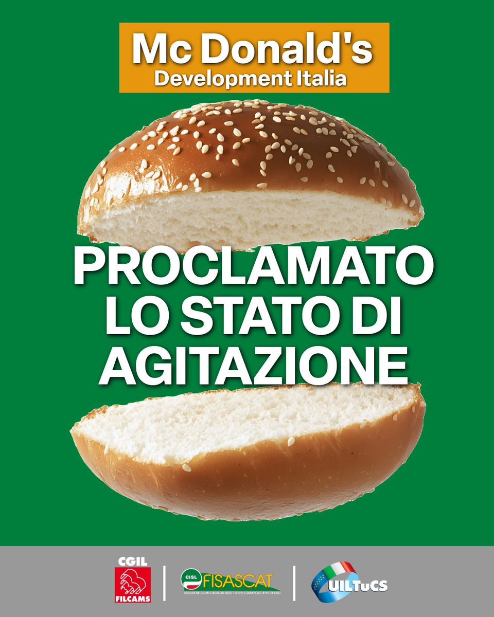 Fisascat Cisl (@fisascatcisl75) on Twitter photo 🔴🟢🔵 #McDonaldsItalia Scatta lo stato di agitazione per i dipendenti della multinazionale della ristorazione commerciale.
 
🚨La protesta, indetta da Filcams Cgil, Fisascat Cisl e Uiltucs, contro l’indisponibilità aziendale ad aprire il confronto per la definizione di un 🔴🟢🔵 #McDonaldsItalia Scatta lo stato di agitazione per i dipendenti della multinazionale della ristorazione commerciale.
 
🚨La protesta, indetta da Filcams Cgil, Fisascat Cisl e Uiltucs, contro l’indisponibilità aziendale ad aprire il confronto per la definizione di un