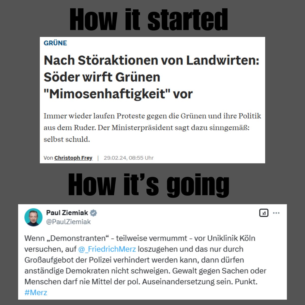 Erst eskalierende Proteste gegen die Grünen als legitimen Ausdruck des Unmuts feiern – dann empört sein, wenn es die eigene Partei trifft. Doppelmoral vom Feinsten.