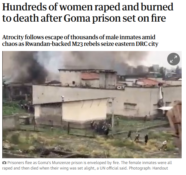 David_Challen's tweet photo. “They were all raped and then they set fire to the women’s wing. They all died afterwards.”

Hundreds of women were attacked during a mass prison breakout in Goma, DRC, after Rwandan-backed M23 rebels seized the city. UN blocked from investigating.
➡️ https://t.co/H2pkpiov0p https://t.co/bbIEXBvDyK