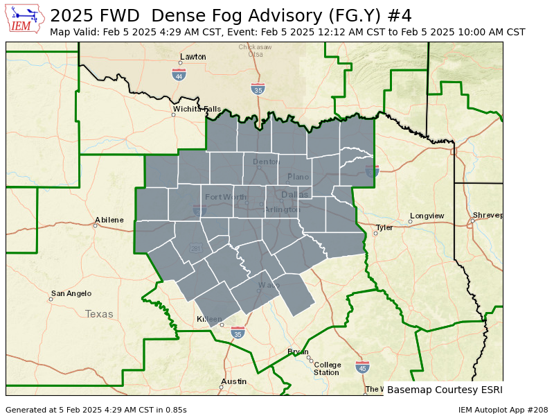 Weatherboy_24's tweet photo. FWD updates Dense Fog Advisory (expands area to include 3 zones, continues 34 zones) till Feb 5, 10:00 AM CST https://t.co/MRPl6cY8KR https://t.co/wI7aSDjQzH