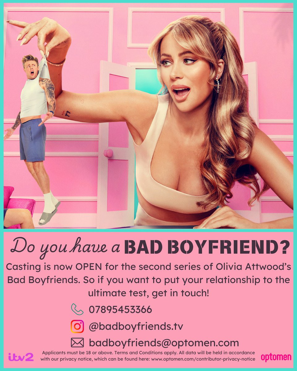 Badly behaved boyfriends of Britian beware! Casting for Series 2 of Olivia Attwood's Bad Boyfriends is now OPEN!

So if you need Olivia’s help to turn those red flags green, apply now…link in bio.

(🤫don’t tell your boyfriend)

<a href="/ITV/">ITV</a> <a href="/ITVX/">ITVX</a>
#BadBoyfriends