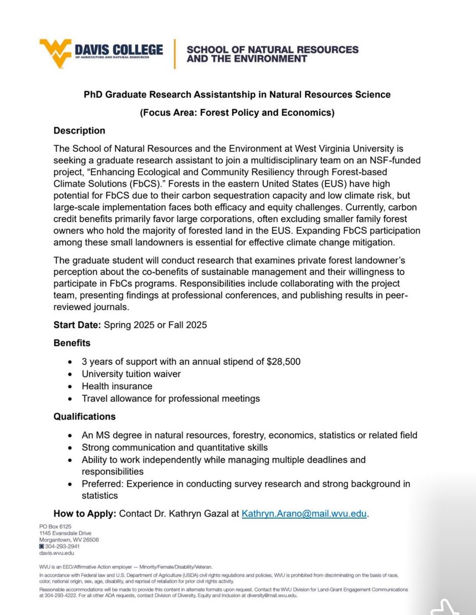 PhD Graduate Research Assistantship in Natural Resources Science
(Focus Area: Forest Policy and Economics)

#Dearyounggraduate
#scholarships
#Scholarlywednesday