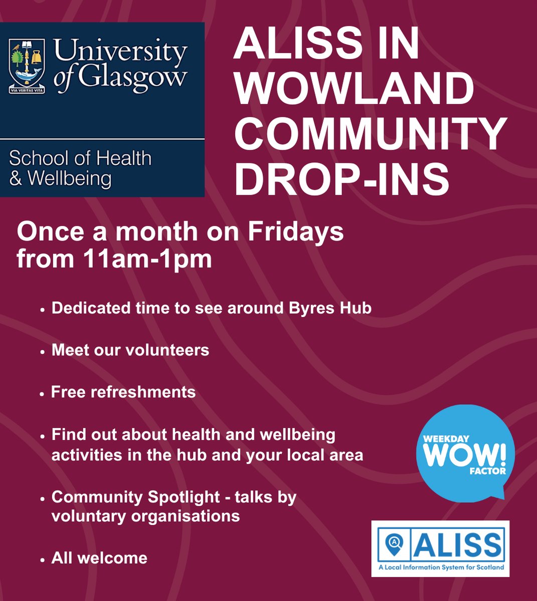 ALISS (@alissprogramme) on Twitter photo Join <a href="/WeekdayWOW/">Weekday Wow Factor</a> and <a href="/UofGByresHub/">Byres Community Hub</a> volunteers for this month's ALISS in Wowland community drop-in session, where Gozie from <a href="/DHCScot/">DHCScot</a> will be talking about digital health and social care.
When? Friday 21st February, 11am-1pm
Where? Clarice Pears room 171, 90 Byres Road, Glasgow Join <a href="/WeekdayWOW/">Weekday Wow Factor</a> and <a href="/UofGByresHub/">Byres Community Hub</a> volunteers for this month's ALISS in Wowland community drop-in session, where Gozie from <a href="/DHCScot/">DHCScot</a> will be talking about digital health and social care.
When? Friday 21st February, 11am-1pm
Where? Clarice Pears room 171, 90 Byres Road, Glasgow