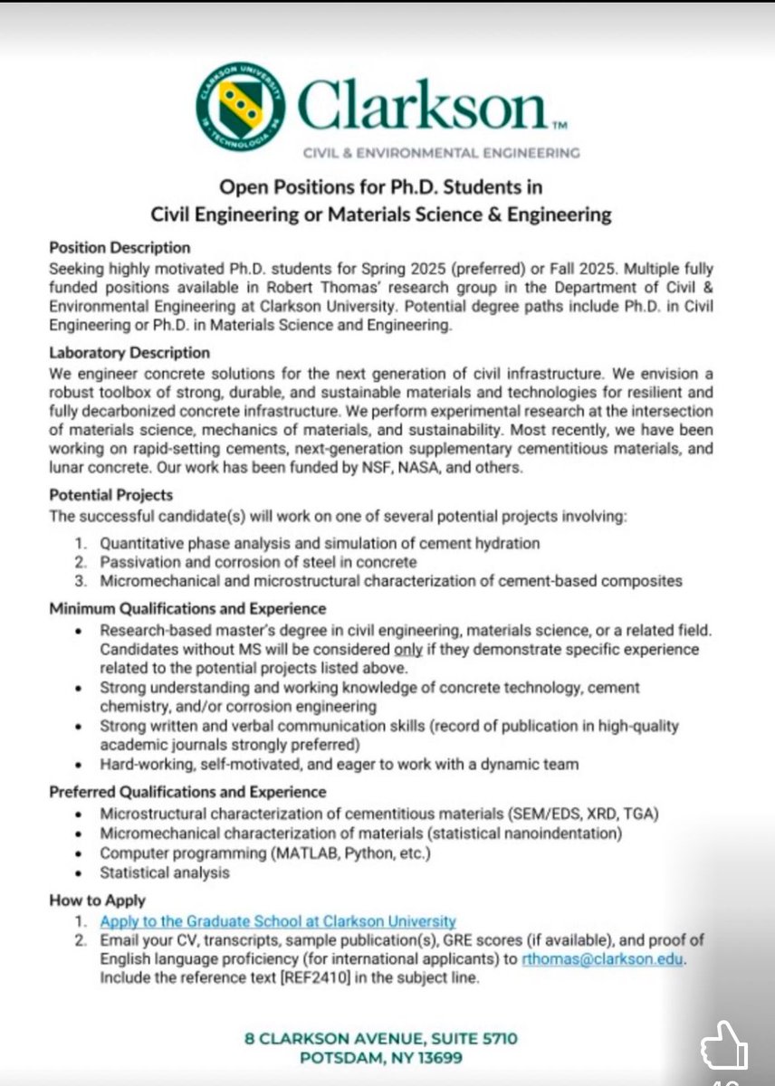 Open Positions for Ph.D. Students in
Civil Engineering or Materials Science &amp; Engineering

Position Description
Seeking highly motivated Ph.D. students for Spring 2025 (preferred) or Fall 2025. Multiple fully funded positions available in Robert Thomas' research group.