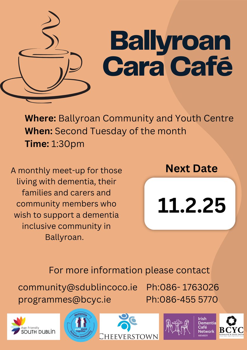 Cheeverstown House (@cheeverstownh) on Twitter photo Ballyroan Cara Café
Join us on the second Tuesday of every month!
We want to create a space where everyone feels welcome and at home - where community comes together and bonds are formed ☕️✨
#cafe #community #supportandconnect #dementiasupport #cheeverstown Ballyroan Cara Café
Join us on the second Tuesday of every month!
We want to create a space where everyone feels welcome and at home - where community comes together and bonds are formed ☕️✨
#cafe #community #supportandconnect #dementiasupport #cheeverstown
