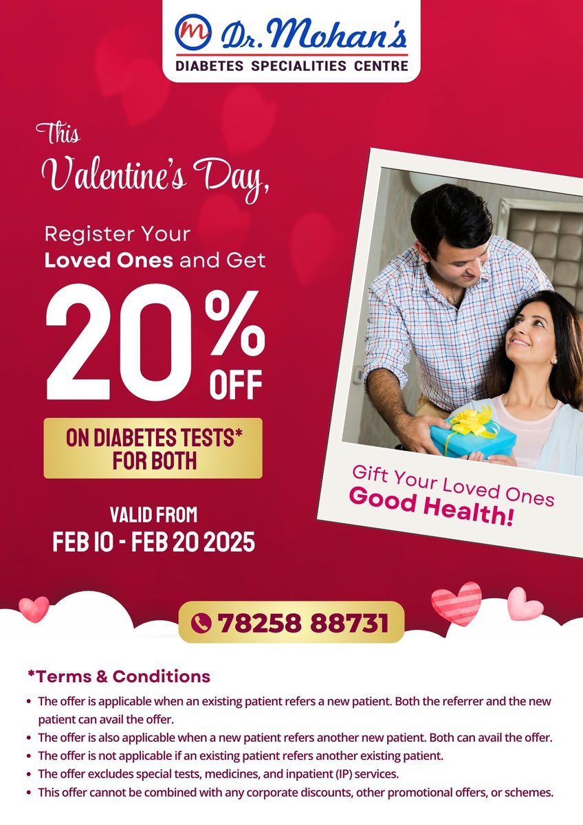 Valentine's Day Special Offer 2025! Refer &amp; Avail a 20% Discount on Diabetes Tests!

🔹 Existing patients referring a new patient – both get the offer!
🔹 New patients referring another new patient – both get the offer!

📞 Call 7825888731 to book an appointment now! T&amp;Cs Apply!