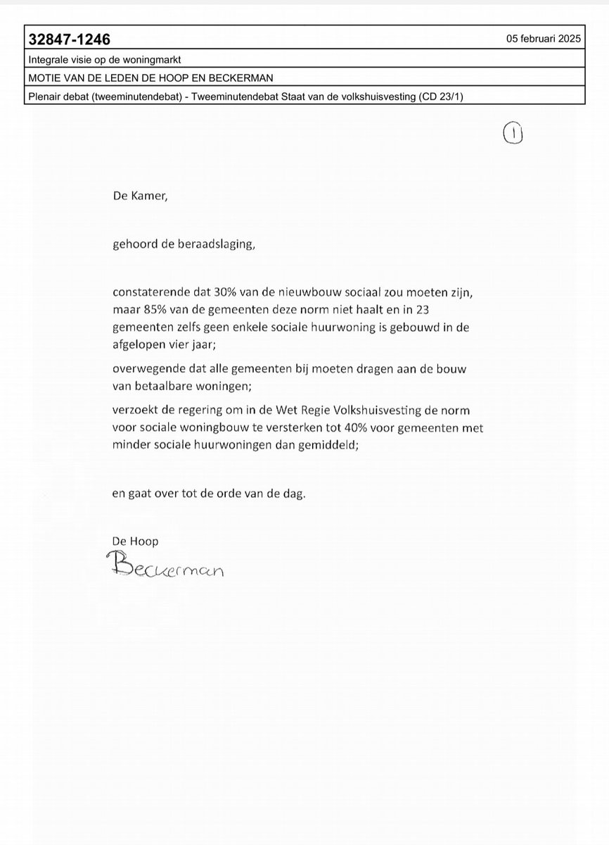 Bij debat Staat van de Volkshuisvesting dienden <a href="/SandraBeckerman/">Sandra Beckerman</a> (SP) en <a href="/HabtamudeHoop/">Habtamu de Hoop</a> (GL-PvdA) zojuist belangrijke motie in die regering verzoekt sociale woningbouw te verhogen tot 40% (voor <a href="/VNGemeenten/">VNG</a> met minder sociale huurwoningen dan gemiddeld) (1/2).