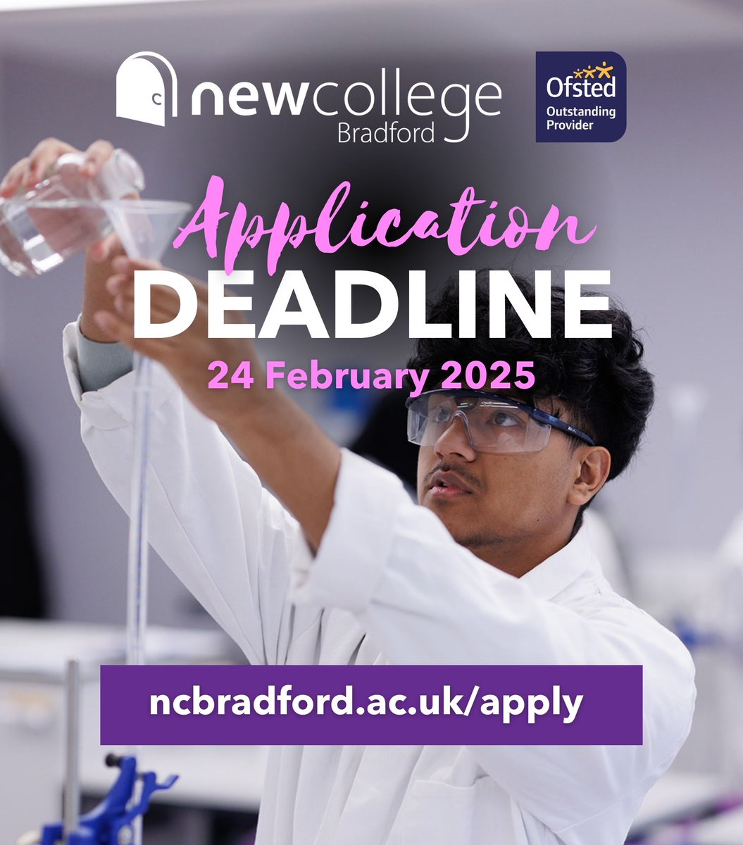 New College Bradford (@newcolbradford) on Twitter photo π¨ Last Call for Applicants! π¨
Timeβs running outβdonβt miss your chance to study at New College! π
π
 Application Deadline: 24 Feb 2025
β
 Apply now to gain your invite to one of our informal interview evenings where we can discuss your future plans.
ncbradford.ac.uk/apply π¨ Last Call for Applicants! π¨
Timeβs running outβdonβt miss your chance to study at New College! π
π
 Application Deadline: 24 Feb 2025
β
 Apply now to gain your invite to one of our informal interview evenings where we can discuss your future plans.
ncbradford.ac.uk/apply