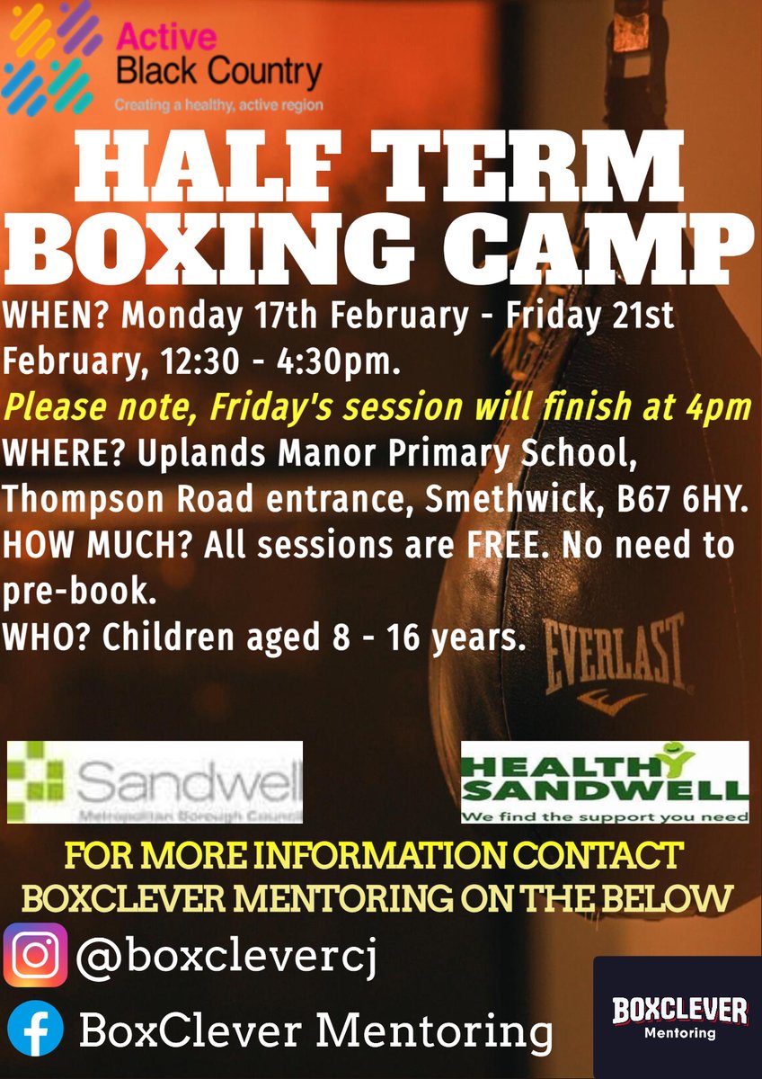Here's a fantastic opportunity in Sandwell to get children active in Feb half-term!

FREE fun sessions for youngsters will focus on non-contact boxing &amp; boxing-specific skills.

Visit the <a href="/BoxCleverCJ/">BoxClever Mentoring</a> social channels to find out more. 

<a href="/sandwellcouncil/">Sandwell Council</a> 
@HealthySandwell