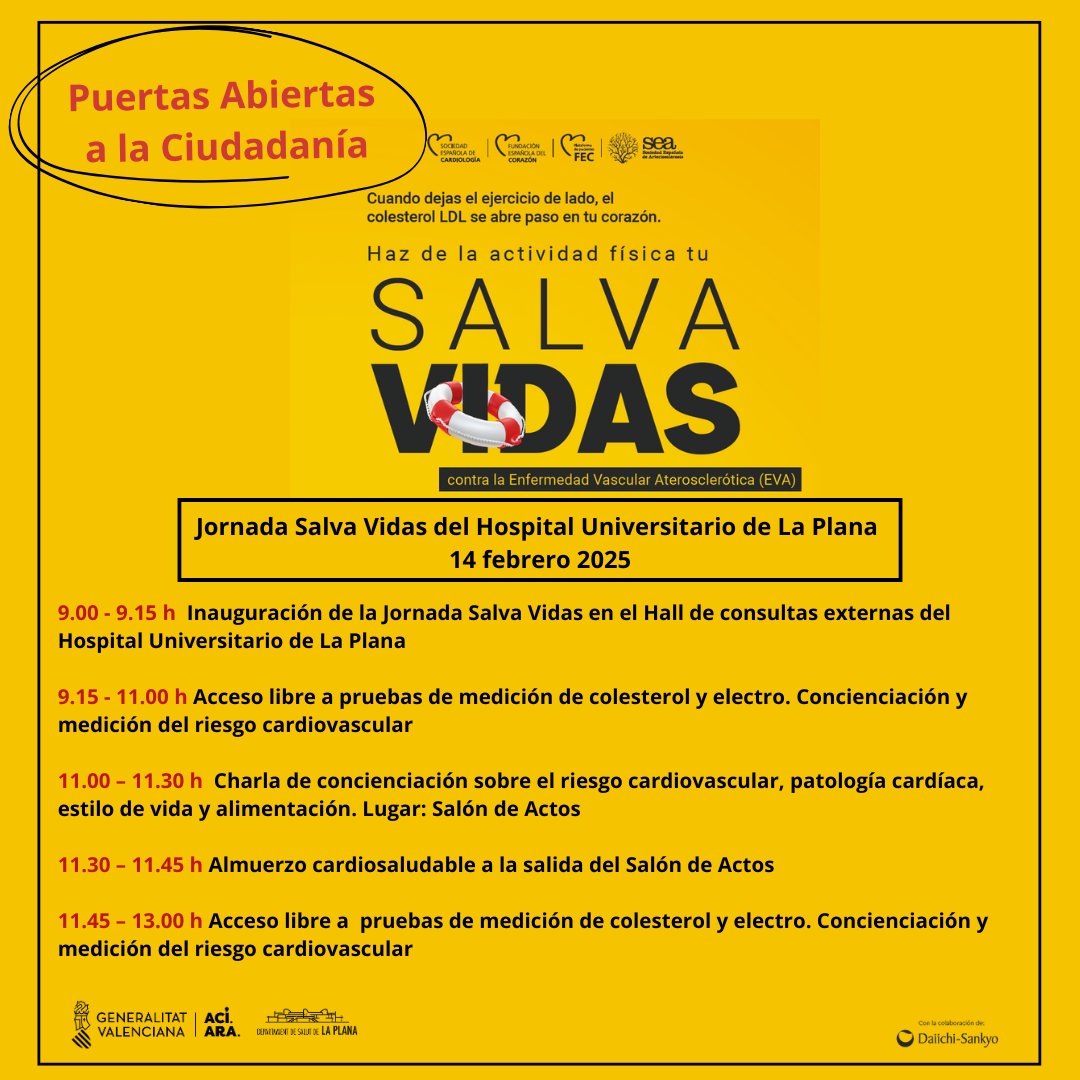 🗓️14 de febrero de 2025, @gvalaplana abre sus puertas a toda la ciudadanía con la Jornada Salva Vidas, promoviendo la importancia de una buena alimentación y ejercicio físico para la salud cardiovascular💗
📍Lugar: Hospital de La Plana
⏰Hora: 9.00  a 13.00 h
<a href="/GVAsanitat/">GVA Sanitat</a>